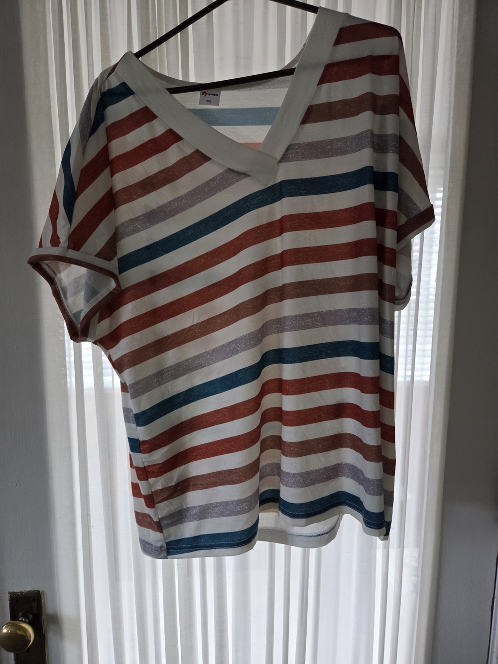 Striped V-Neck Tee in White with Rust, Teal, and Gray Stripes